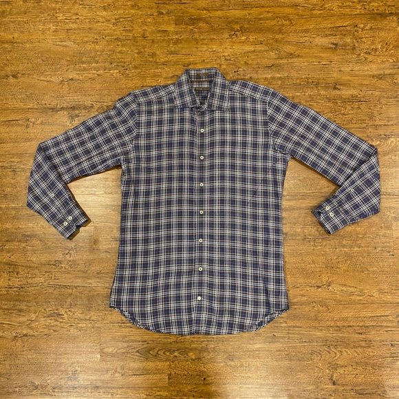 Peter Millar Brown Plaid Dress Casual Long Sleeve Button Up Shirt Men's Size Med - Picture 1 of 10